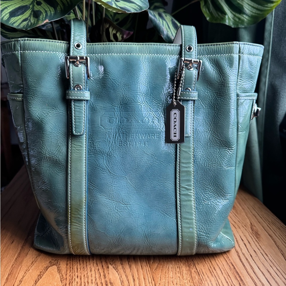 Y2K COACH SMALL GALLERY TOTE BAG 9786 in TURQUOISE